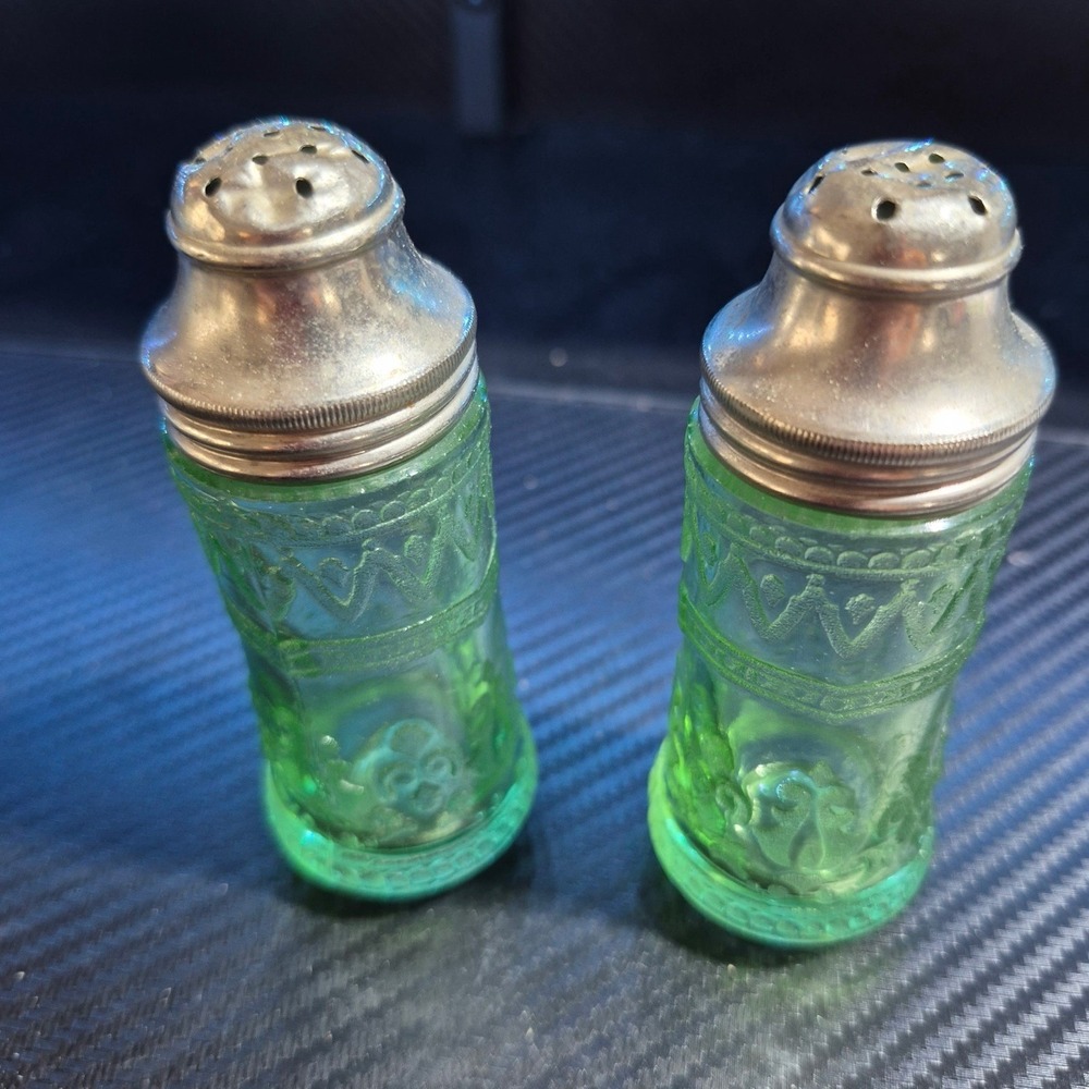 Vintage Patrician Green Shaker Set W/ Metal Lids By Federal Glass